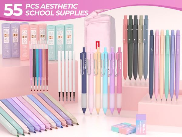 Nicpro 55 Pack Aesthetic School Supplies, Bible Study Supplies with Cute Pen Case, 12 Pastel Highlighters, 11 Color & Black Ink Gel Pens, 6 Mechanical Pencils, Bible Study Kit for Women Girls Stationery