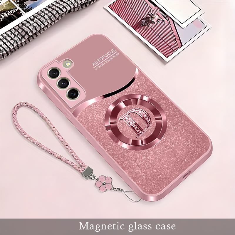 Personalized Initial Letter Rhinestone Magnetic Case for Galaxy S21 Fe 5g, Luxury Glitter Glass Cover with Lanyard Wrist Strap  ----975