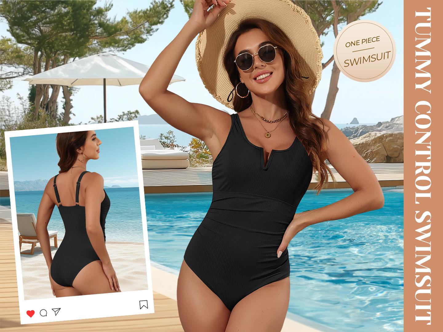 Tempt Me Womens One Piece Swimsuit - Tummy Control Bathing Suit V Wired Ribbed Full Coverage Swimwear