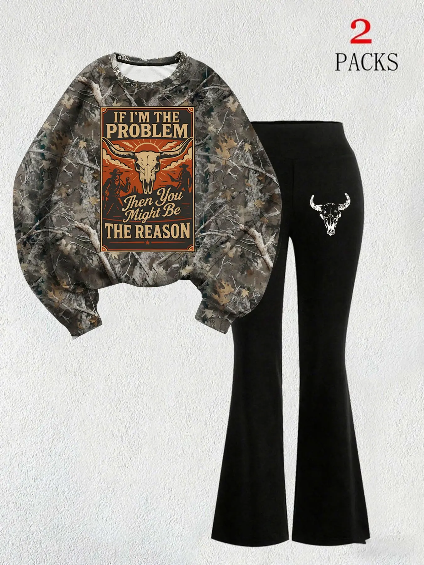 Women's Western Cowgirl Style Two-Piece Set Outfit, Loose Casual Round Neck Long Sleeve Top, Poster Print Skinny Bell Pants, Fall Winter Fashion Womenswear, Clothes for Lady Bell Bottoms Set