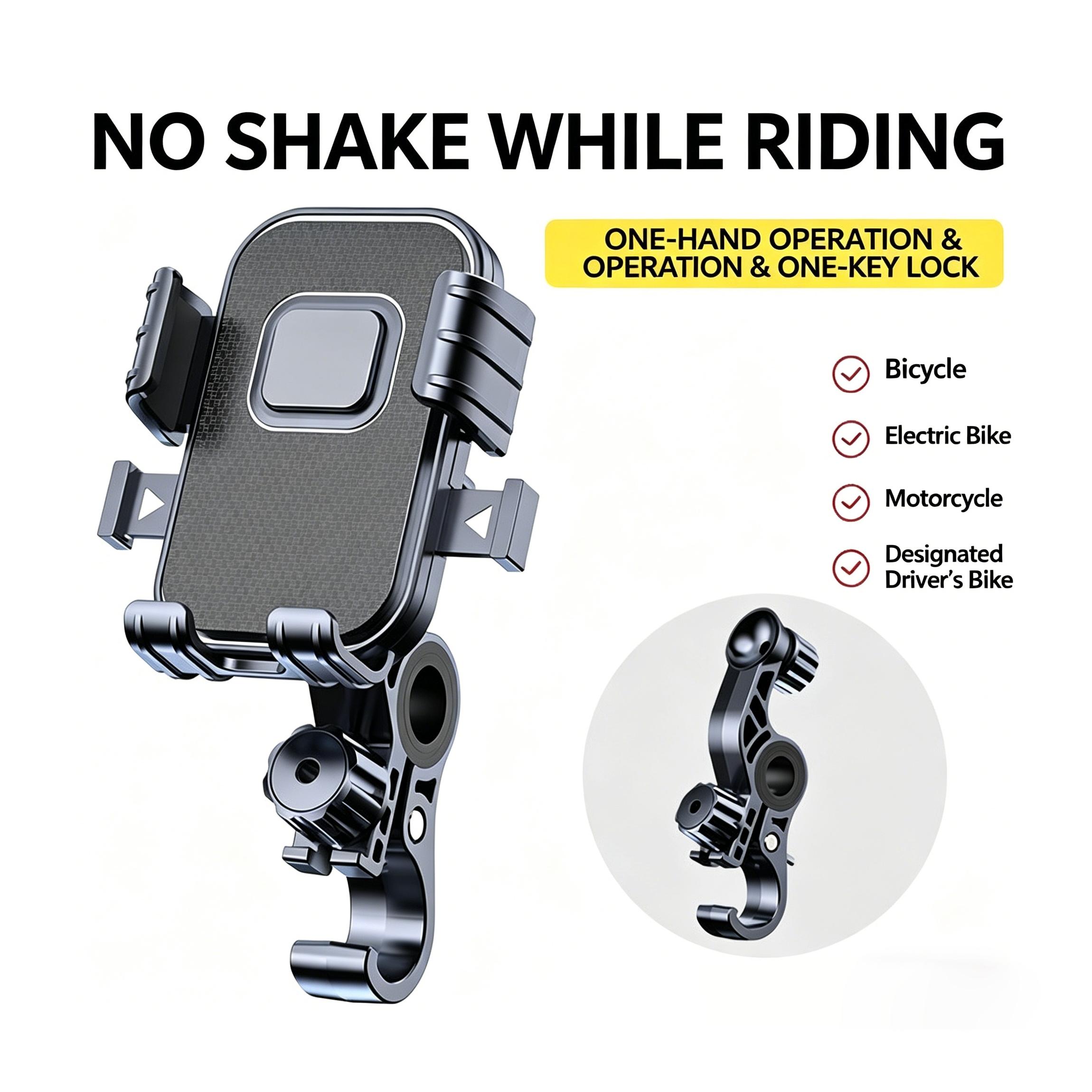 360° Rotatable Bike and Motorcycle Phone Mount, suitable for scooters, e-bikes, e-bike accessories, handlebar mounts, anti-vibration mounting for cycling, navigation mounts for food delivery riders, and shock-resistant phone mounts for outdoor cycling.
