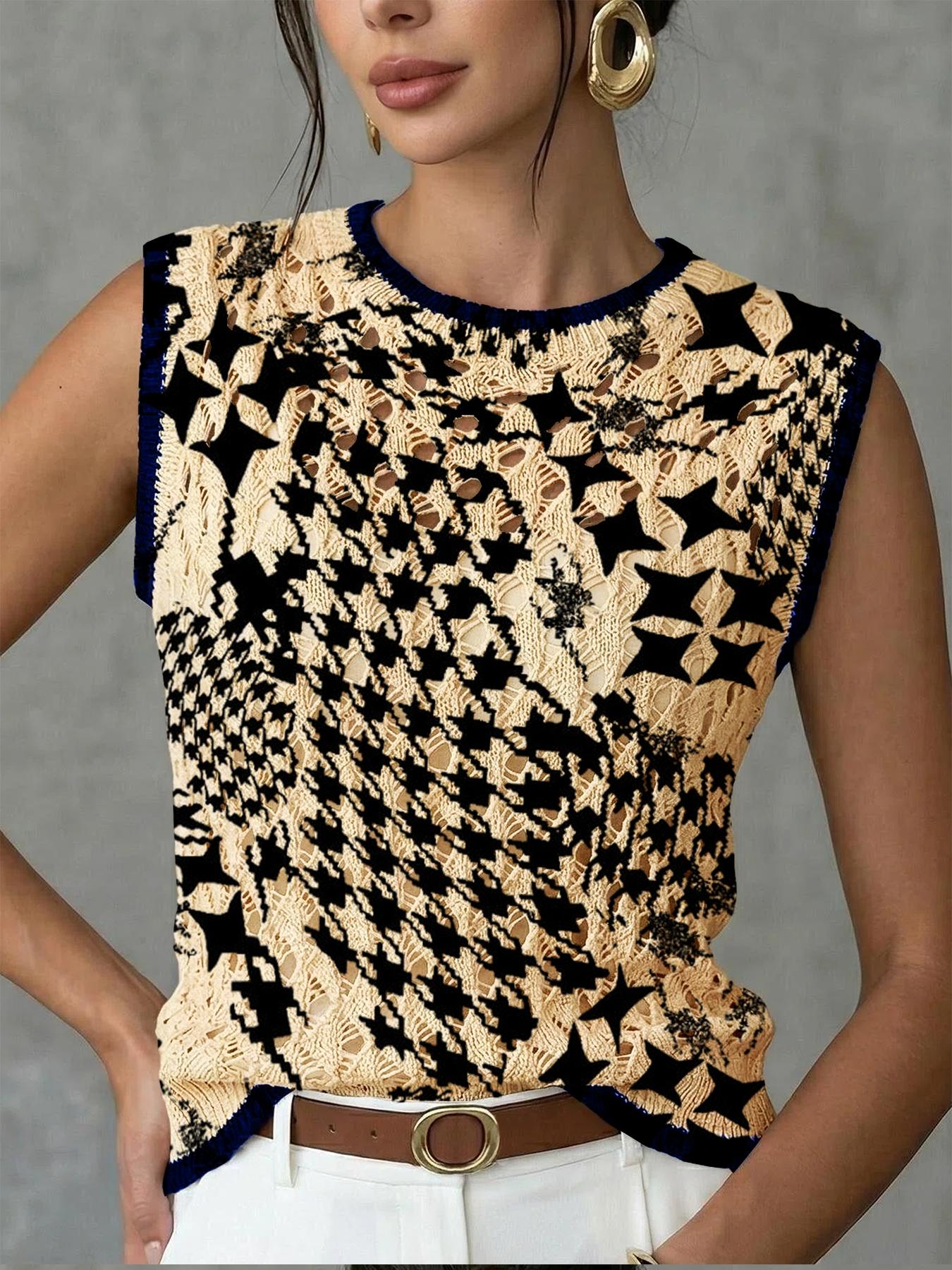 Women's Elegant Artistic Quilted Star Print Round Neck Sweater Vest, Casual Sleeveless Knit Top for Spring Summer Fall