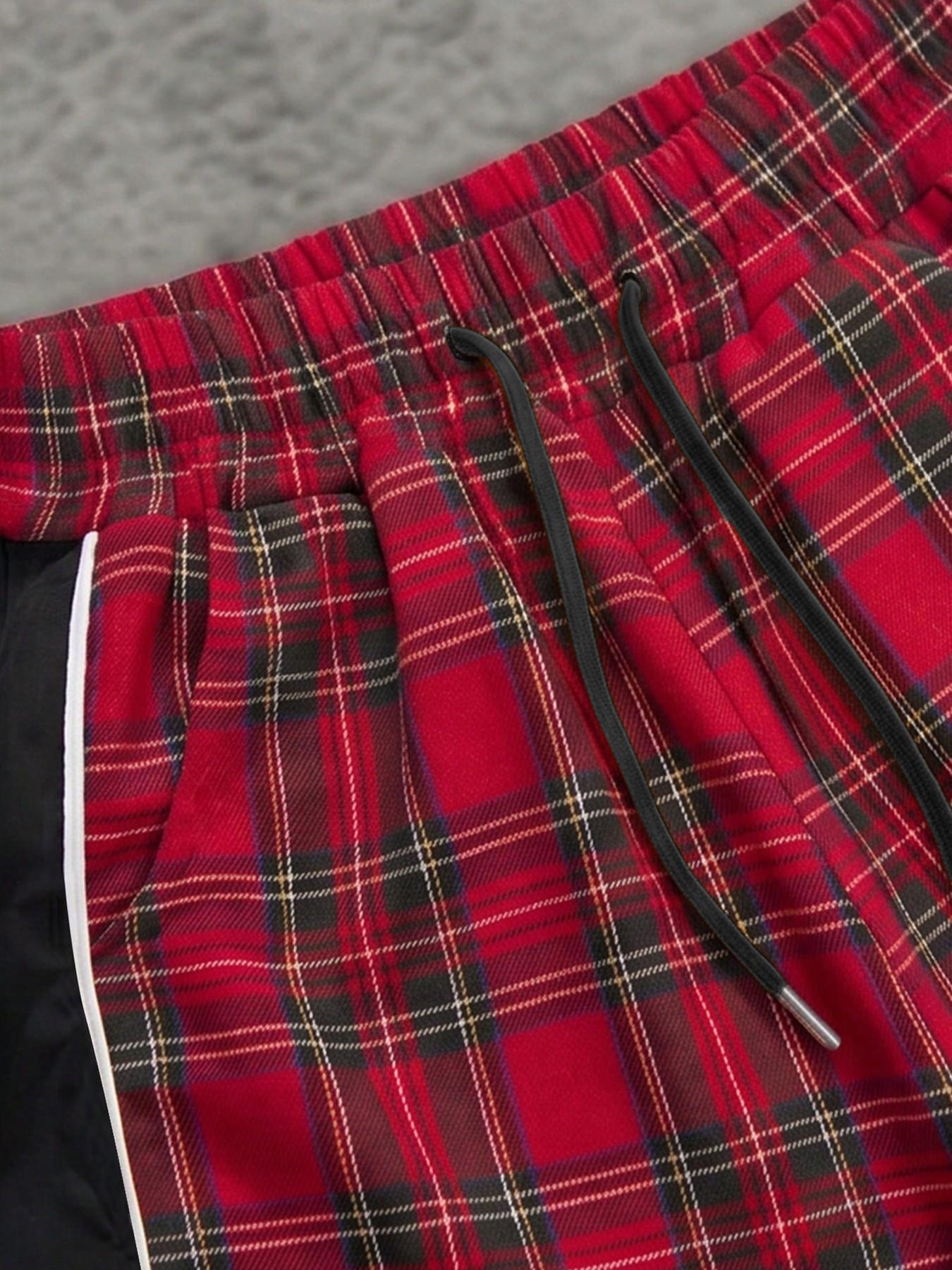 Racing Core Vintage Men's Plaid Short Sleeve Shirt and Shorts Set Red Tartan Color Block Stripe Tracksuit Outfits with Fearless Embroidery for Summer Streetwear Festival