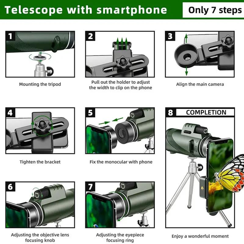 80x100 Powerful Monocular Telescope with Plastic Shell, BAK4 Prism, FMC Lens Coating, IPX4 Waterproof HD Optics, Eyepiece Focus, Large Eyepiece, Compact Rubber-Armored Body, Phone Adapter, Foldable Leisure Outdoor Gear for Travel, Hiking
