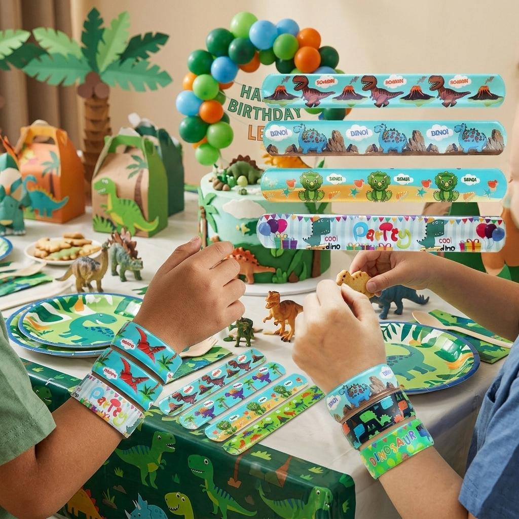 12pcs Kids Dinosaur Fidget Bands, Dinosaur Theme Birthday Party Favor, Small Toy Gift Bag, Classroom Reward, Boy Girl Treasure Box Prize Toy