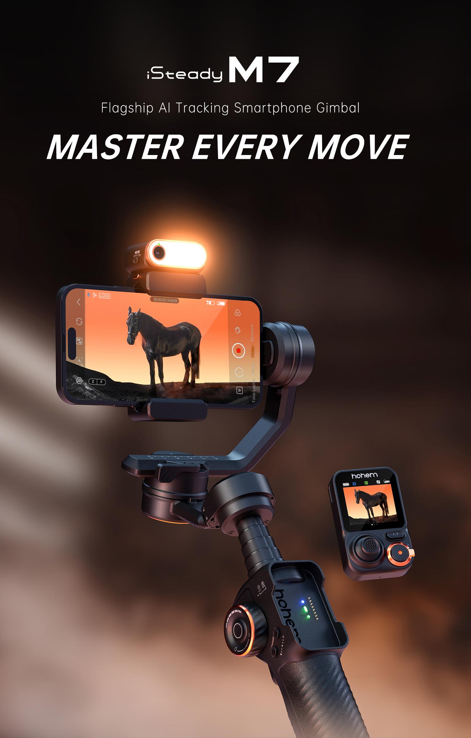 Hohem iSteady M7 Kit AI Tracking Smartphone New Gimbal Stabilizer 3-Axis with Magnetic Fill Light/AI Tracking Sensor for iPhone Android with 1/4-inch Color Tochscreen Display,Detachable Remote Controller, Max Payload 500g