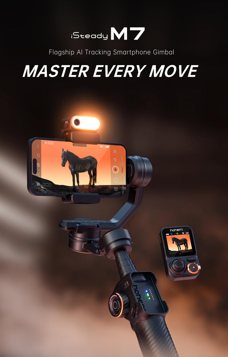 Hohem iSteady M7 Kit AI Tracking Smartphone New Gimbal Stabilizer 3-Axis with Magnetic Fill Light/AI Tracking Sensor for iPhone Android with 1/4-inch Color Tochscreen Display,Detachable Remote Controller, Max Payload 500g