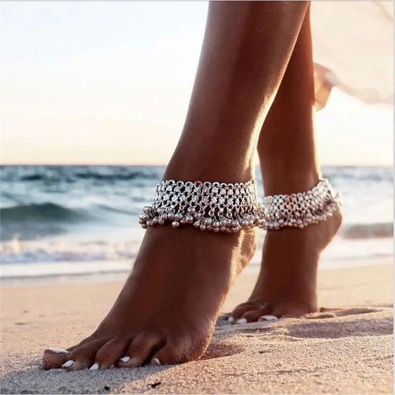 2pcs Women Ankle Jewelry | Viral Boho Summer Vacation Accessory Trend | Exaggerated Vintage Ethnic Tassel Bell Anklet | Eye‑catching Foot Chain Ornament For Beach Sandal Matching | Adjustable Light‑Weight Jingling Bell Design | For Seaside Trip, Pool Part