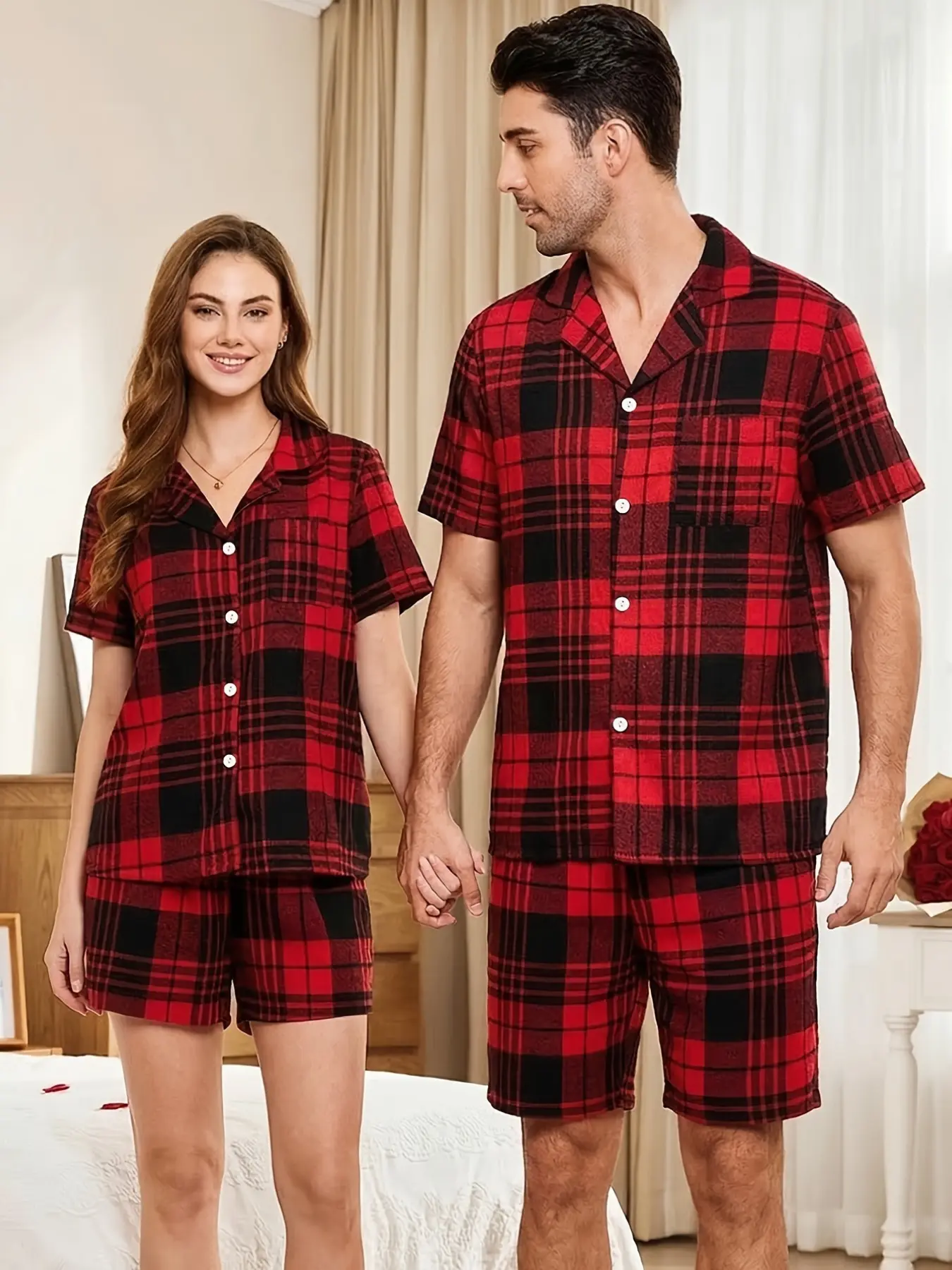 Couple Matching Plaid Pajama Set, Men Women Short Sleeve Button Down Top & Shorts Loungewear, Soft Casual Sleepwear for Valentine Home Daily Wear, Red Black Check Loose Nightwear.