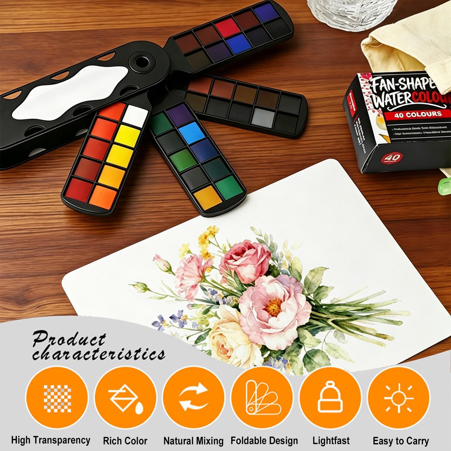 Guangna Watercolor Paint Set, Portable Foldable, Includes Brush & Palette, Ideal for Artists, Outdoor Sketching, 20/30/40 Colors