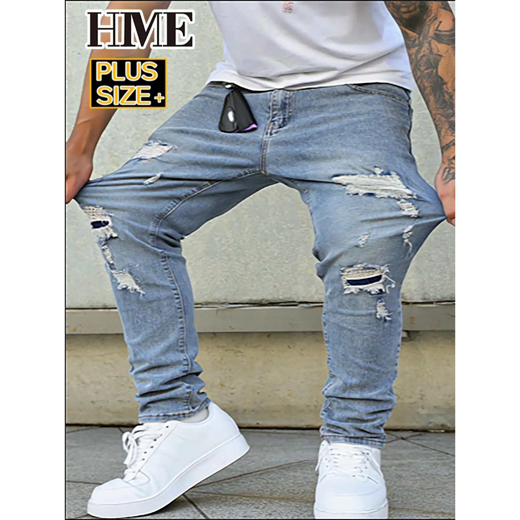 Big & Tall Men's Ripped Jeans Cotton Blend Stretch Light Wash Skinny Denim Streetwear Pants