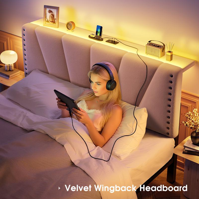 Full/Queen/King Size LED Bed Frame with Velvet Storage Headboard Platform Bed with Charging Station, No Mattress, Sturdy Wooden Slats Support Full/Queen/King Size LED Bed Frame with Velvet Storage Headboard Platform Bed with Charging Station, No Mattress, Sturdy Wooden Slats Support