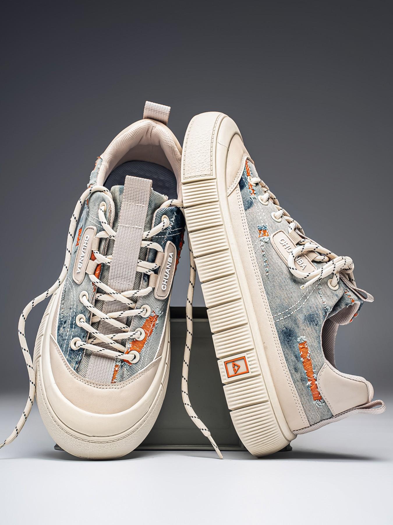 Men's Vintage Denim Style Thick Sole Sneakers, Ripped Design Casual Canvas Shoes, Soft Breathable Height-Increasing Boardwalks, Sizes 39-44