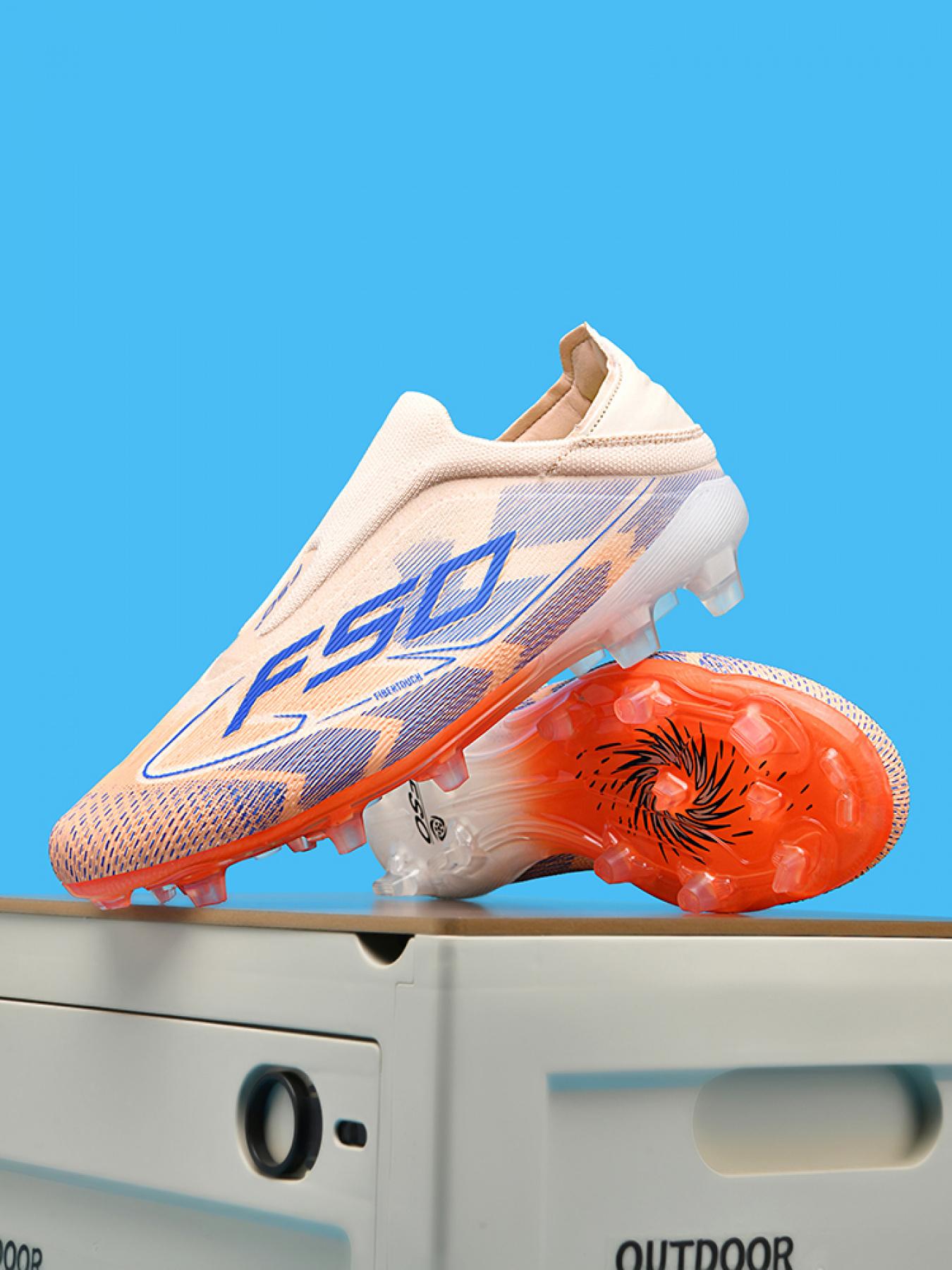 1 Pair Unisex White Blue Gradient Laceless Soccer Cleats | Breathable Knit Upper | Anti-Twist Midsole | Transparent Studs | Professional Grip For Match & Training