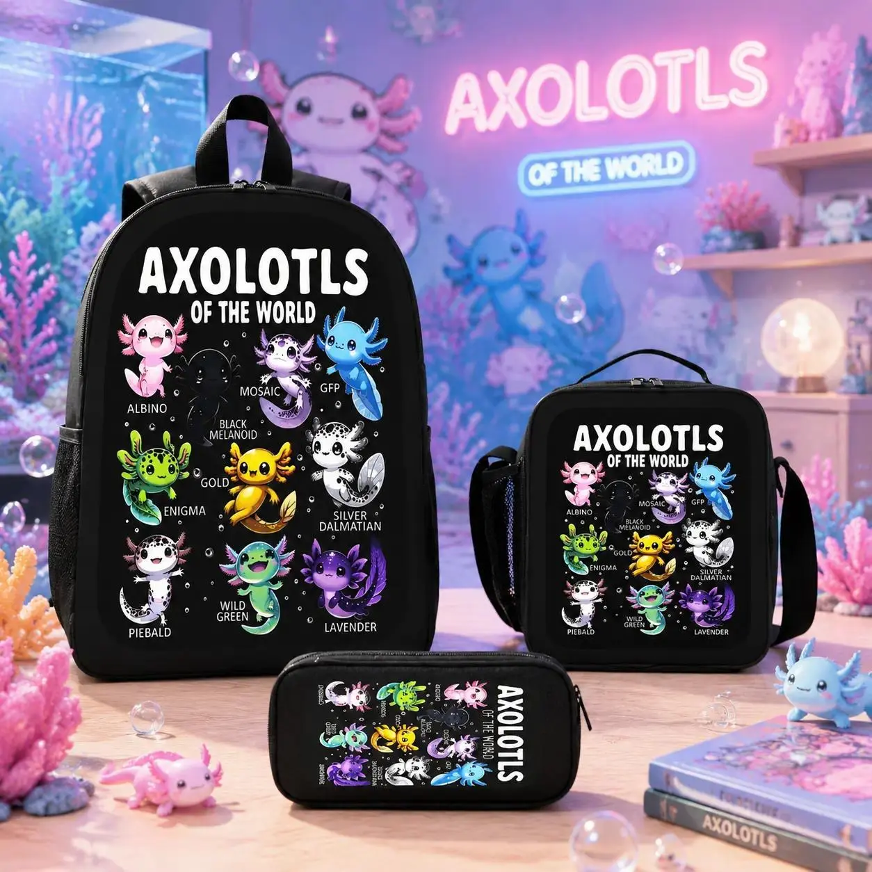 Axolotl Print 3 Piece School Backpack Set Backpack Lunch Bag Pencil Case Teen Backpack Large Capacity Lightweight School Bag Unisex Travel Backpack Set Back To School Gift Trendy School Backpack for Students Boys Girls