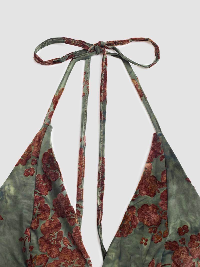 Women's Floral Deep V Neck Crop Top & Fish Tail Skirt Set, Sexy Two-Piece, Back-To-School Fashion, All-Over Print Design