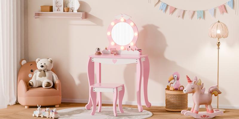Kids Vanity Set with Lighted Mirror and Stool, Kids Make Up Vanity Desk with Storage Space, Wing Pattern for Little Girls, Toddler Princess Makeup Dressing Table with Chair Set