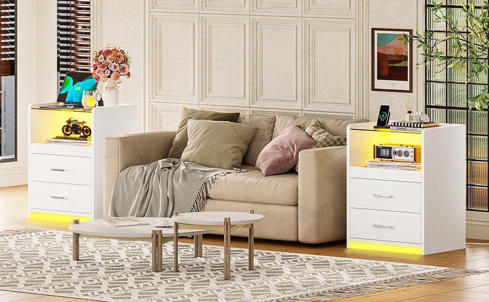 Sikaic LED Nightstand With Charging Station Drawers Modern End Table Bedside Cabinet