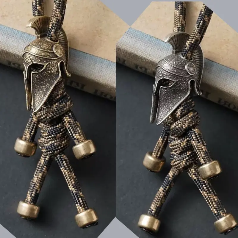 Spartan Warrior Paracord Keychain 2 Pack, Vintage Brass Helmet, Tactical Edc Car Key Holder, Outdoor Camping Gift for Men