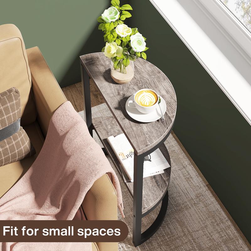 LITTLE TREE 2-Tier End Table Semi Circle, Small Half Round Side Table with Storage Shelf, Wood Accent Table Slim C Table for Sofa Couch, Living Room, Bedroom, Small Space, Easy Assembly