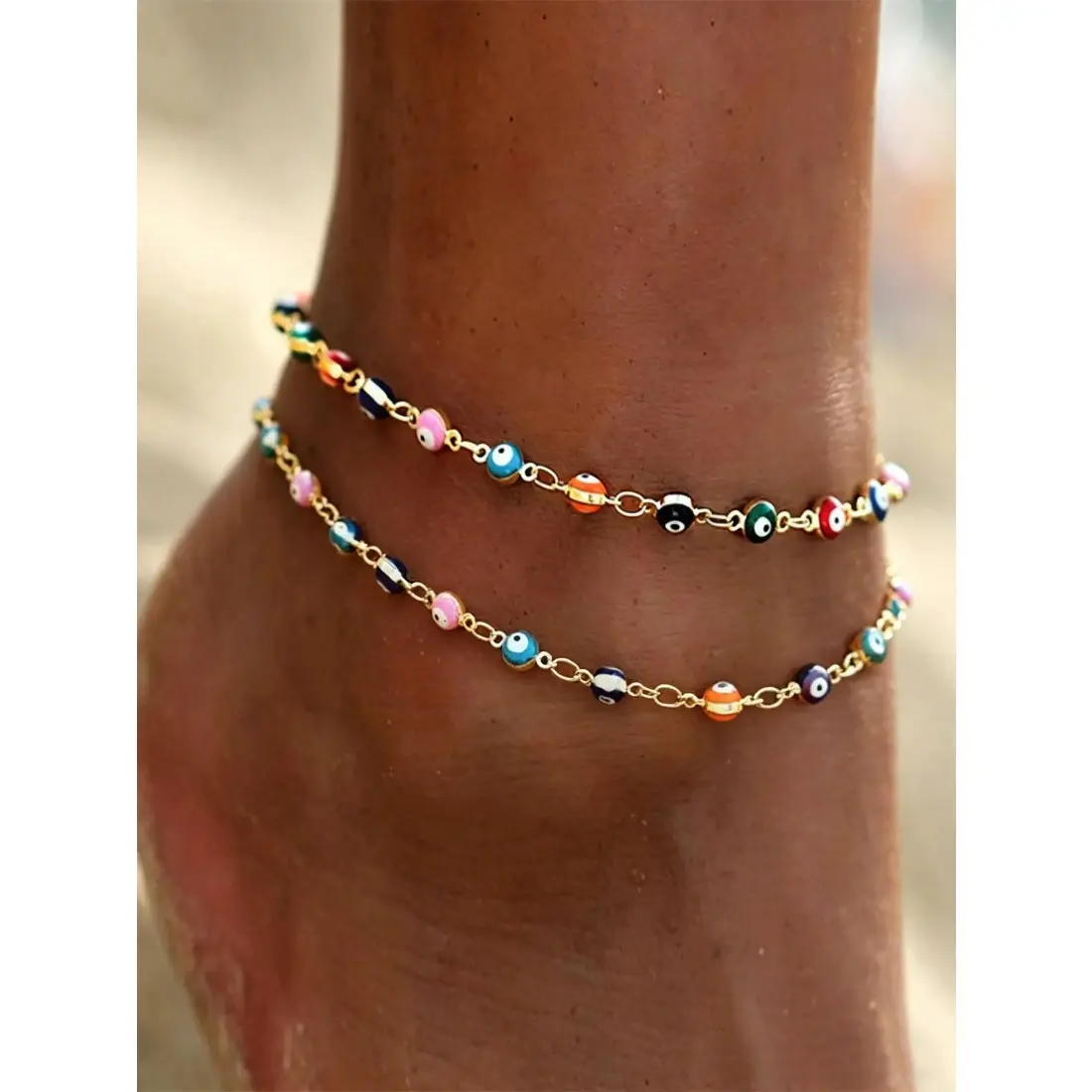 Evil Eye Beaded Anklet for Women, 2 Piece Protection Charm Ankle Bracelet with Stainless Steel Chain, Boho Lucky Jewelry for Summer Beach Vacation, Festival, Daily Wear, Friendship Gift & Good Luck Accessory
