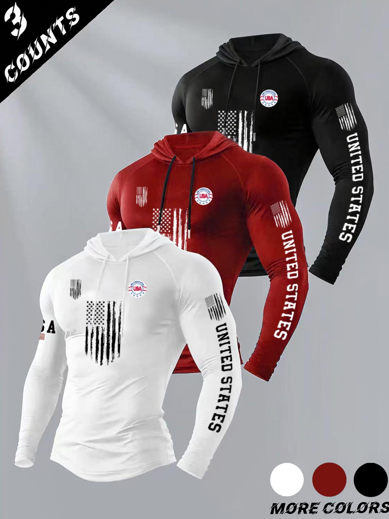 Men's Classic 3-Piece Set Letter Flag Print Hooded Long Sleeve T-Shirt, Casual Fitted Top for Fall & Winter Gym Wear, Athletic Wear, Athletic Style Activewear