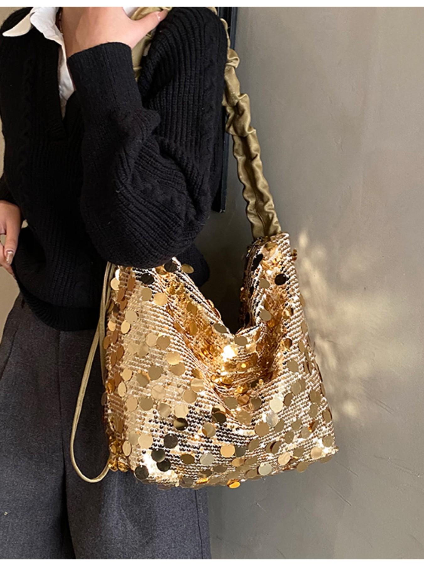 Luxury Sequined Handbag for Women, Silver Color, Large Capacity, Zip Closure, Party, Nightclub, Wedding, Concert