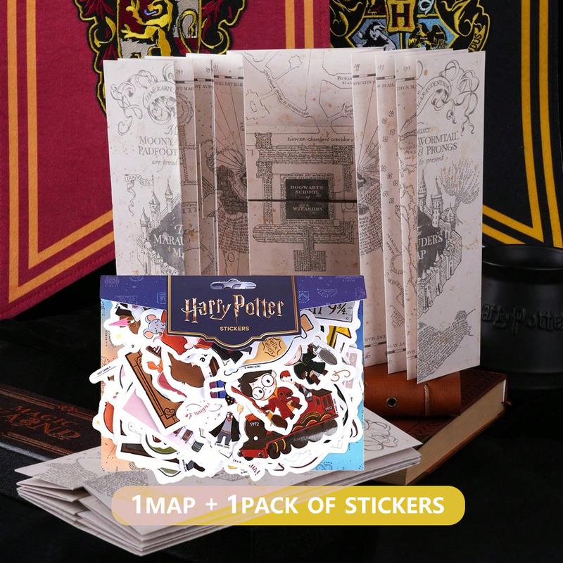 1pc Harry Potter Officially Licensed  Map of The Marauder's School of Magic Hogwarts Wizard Hermione Character Stickers  Magical Cosplay Props Movies Anime Peripheral Gilded Tickets Treasure Hunt Map Water Proof DIY Stickers