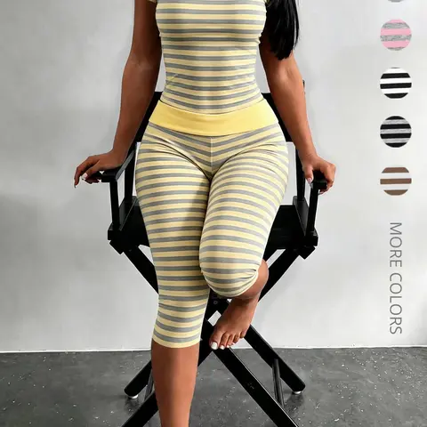 Women's Striped Two-Piece Pajama Set Loungewear, Homewear, Nightwear for Women, Short-Sleeve Top & Fold-Over Waist Capri Leggings