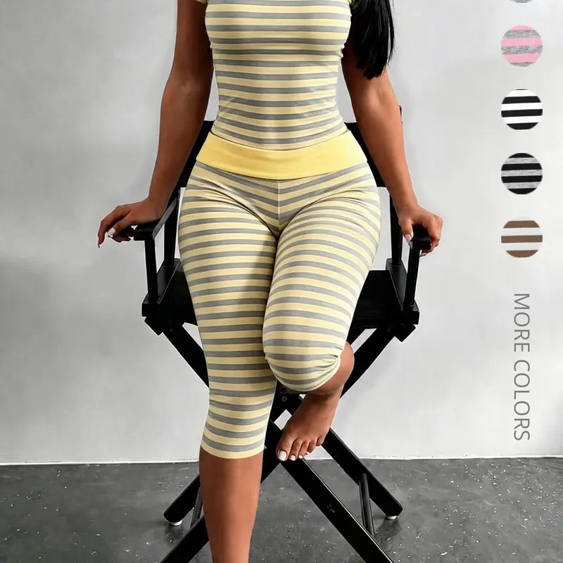 Women's Striped Two-Piece Pajama Set Loungewear, Homewear, Nightwear for Women, Short-Sleeve Top & Fold-Over Waist Capri Leggings