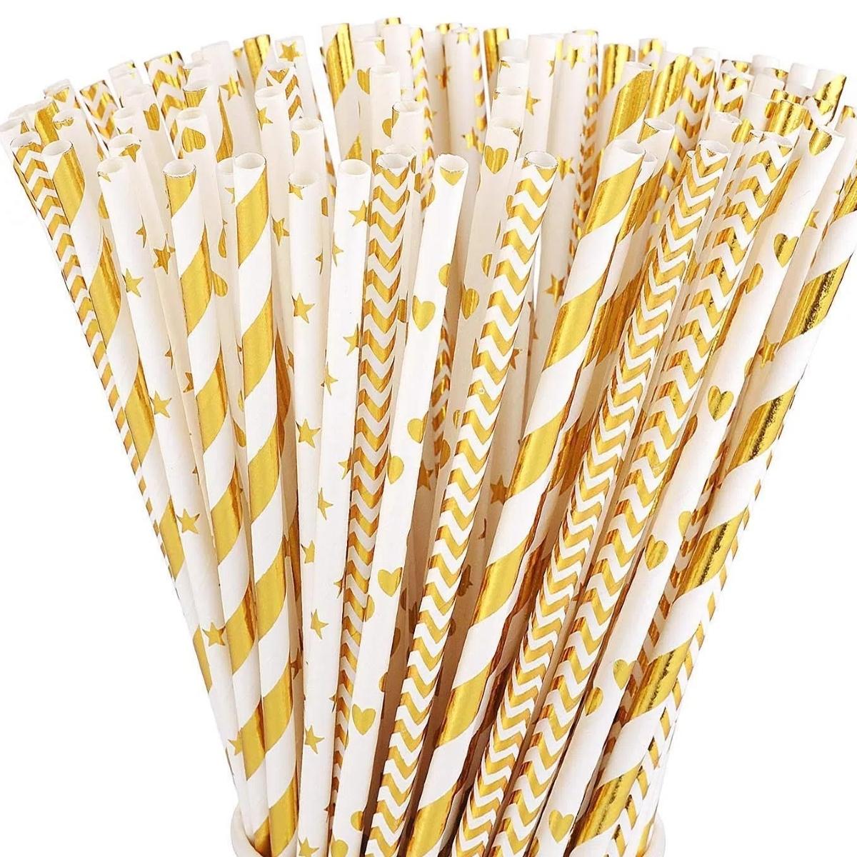 Elegant Striped mix Disposable Paper Straws, Gold Foil Crafted, Perfect for Birthdays Weddings Holidays, Cocktail Drink Accessories