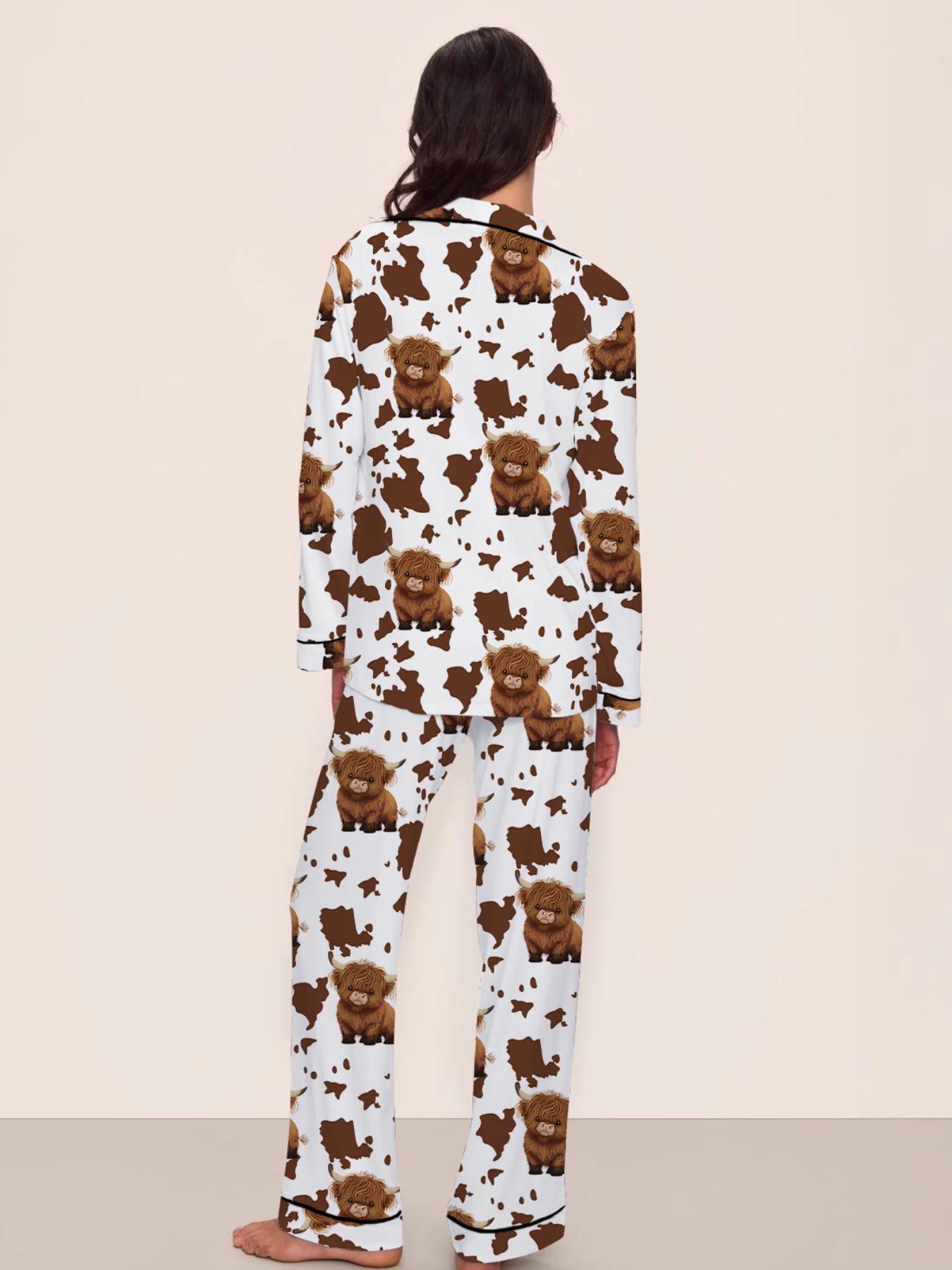 【Highland cattle】Women's Cartoon Cow Print Pajama Set, Long Sleeve & Pants, Elastic Waistband, Comfortable Home Wear, Fall Winter