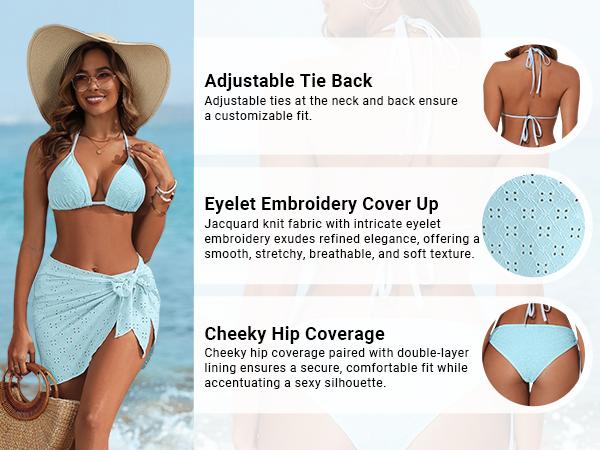 Daci Light Blue Women Three Piece Bikini Sets - Sexy String Triangle Swimsuits Halter Bathing Suits with Cover Up