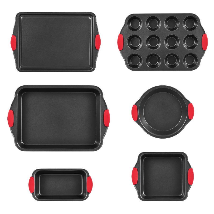 VEVOR Baking Pans Set, 6-Piece, Nonstick Carbon Steel Cookware Sheets Trays, Stackable Kitchen Oven Bakeware Cooking Sets with Silicone Handles, Easy to Clean, for Baking Cookie Cake Muffin Bread