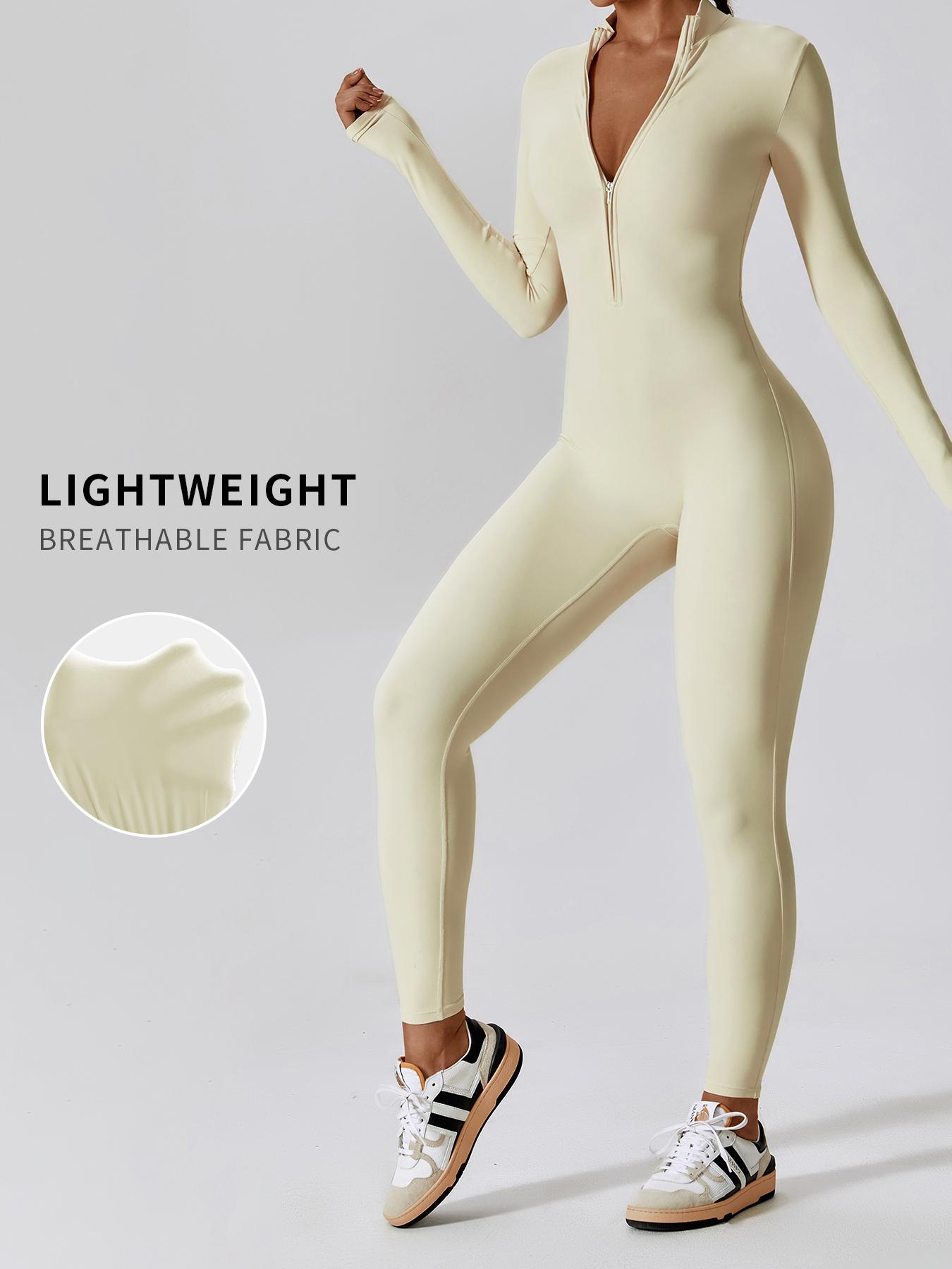 Women's Solid Zip Up Long Sleeve Sports Jumpsuit, Casual Sporty Comfy Jumpsuit for Yoga Gym Workout, Ladies Sportswear for All Seasons, All Season Activewear