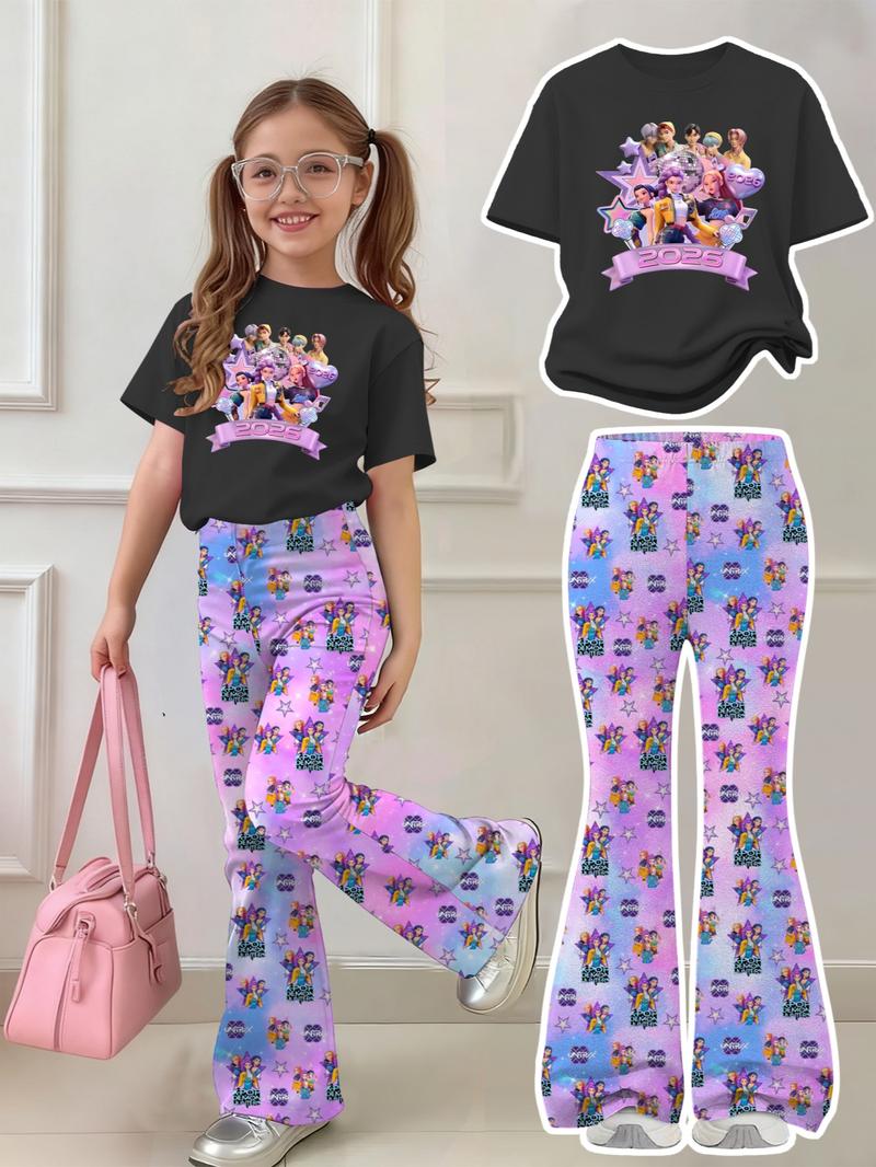 K-Pop Demon Hunters Girl Set, Y2K Sweet Cool Kpop Style, Short Sleeve T-Shirt & Derpy Huntrix Cartoon Pants