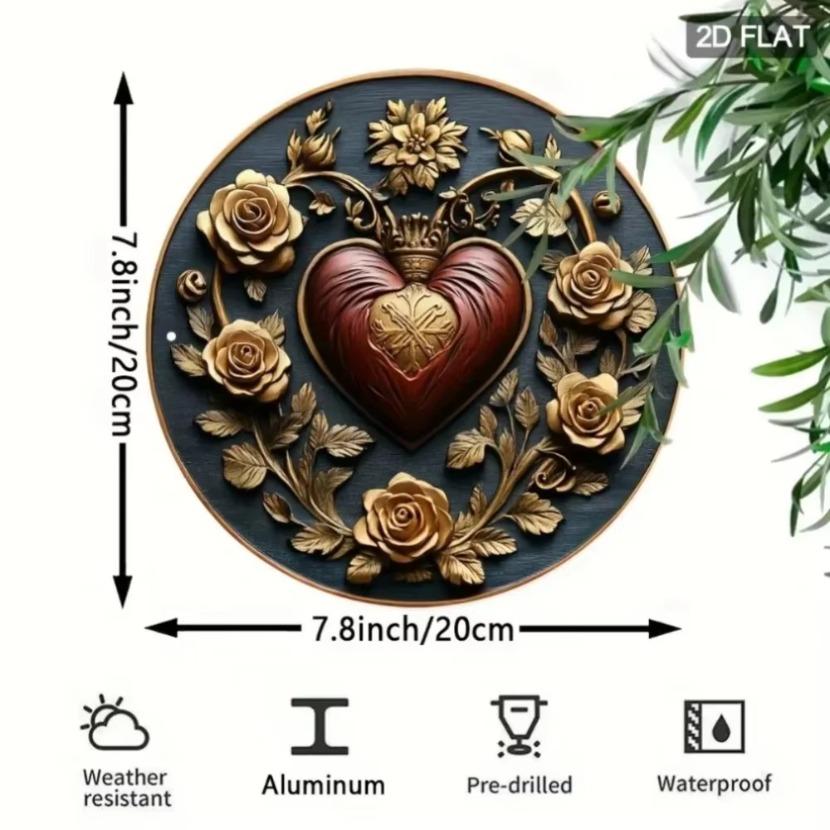 Aluminum Framed Sacred Heart Wall Art in Gold and Burgundy for Elegant Home Living Room Decor