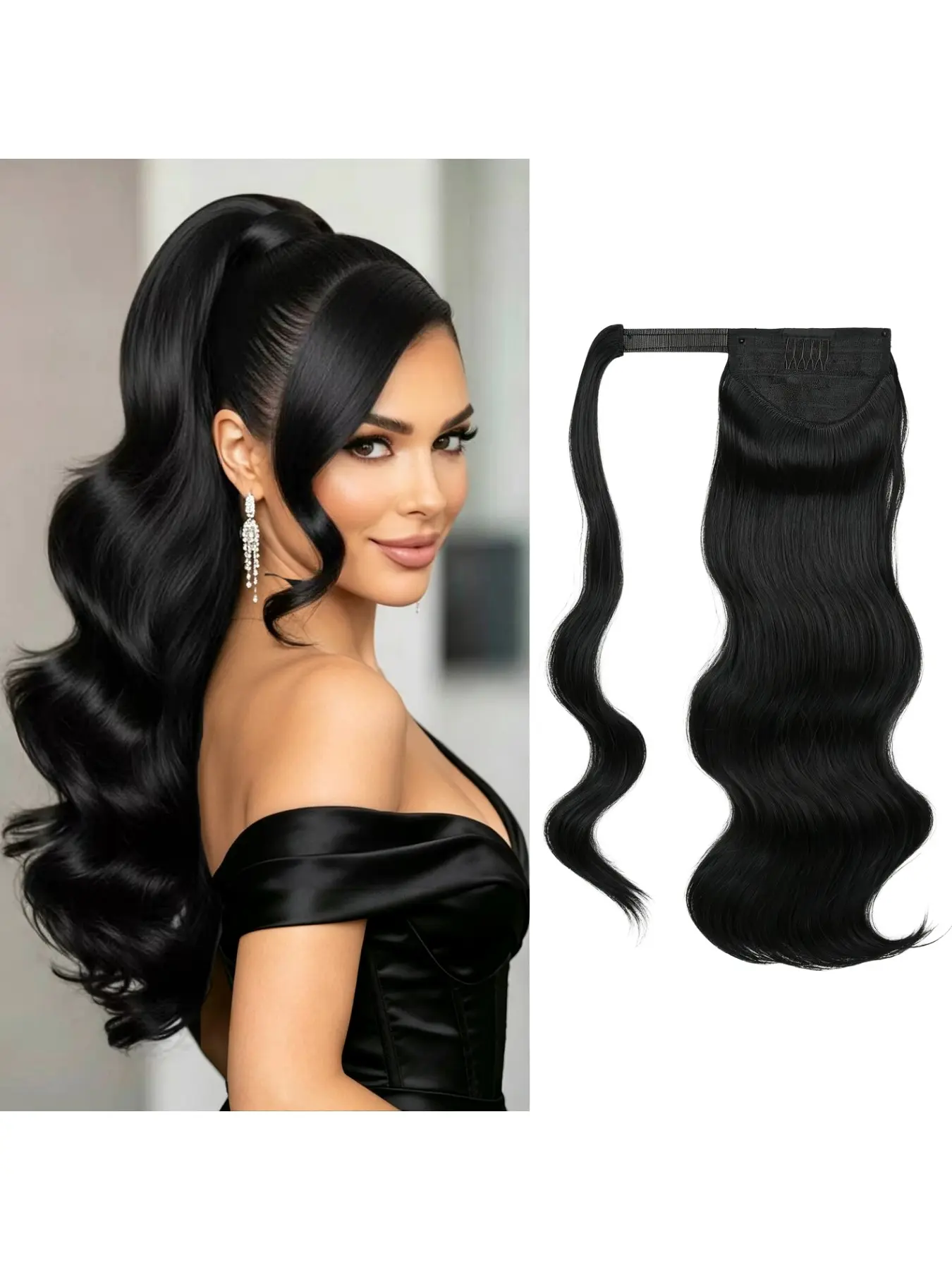 18Inch Ponytail Extension High-quality Synthetic Hair Velcro Wrap Ponytail Extensions for Black Women Curly Wave Thick Natural Looking Hair Pieces Body Wave Ponytail