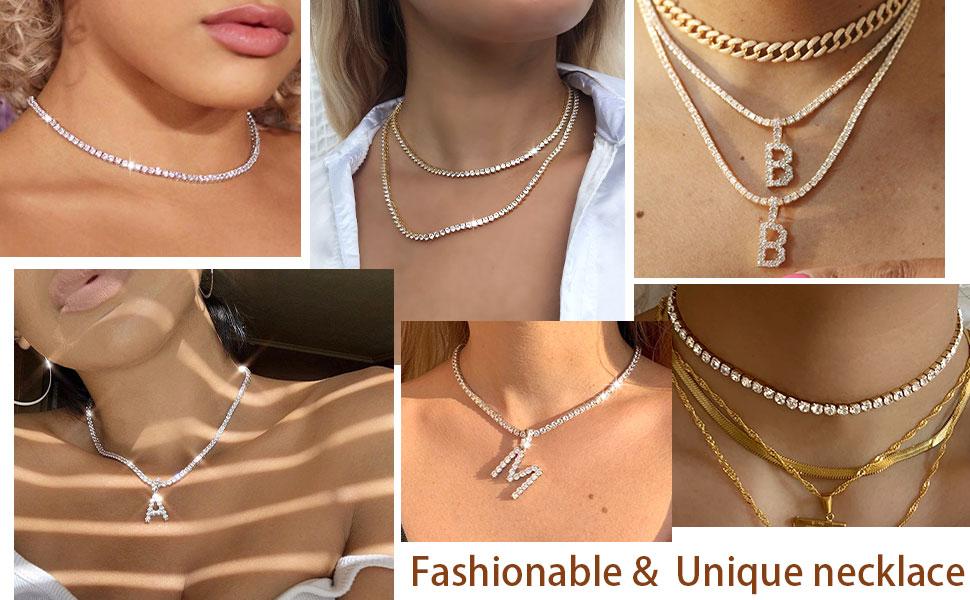 FindChic Tennis Initial 26 Letters Cubic Zirconia Necklace Bling Golden Cubic Zirconia Choker Chain 14" with A-Z Alphabet 26 Letter Pendant, Bling Rapper Hip Hop Unisex Jewelry for Women Men Boys Girls Couple Jewelry Back to School Gift
