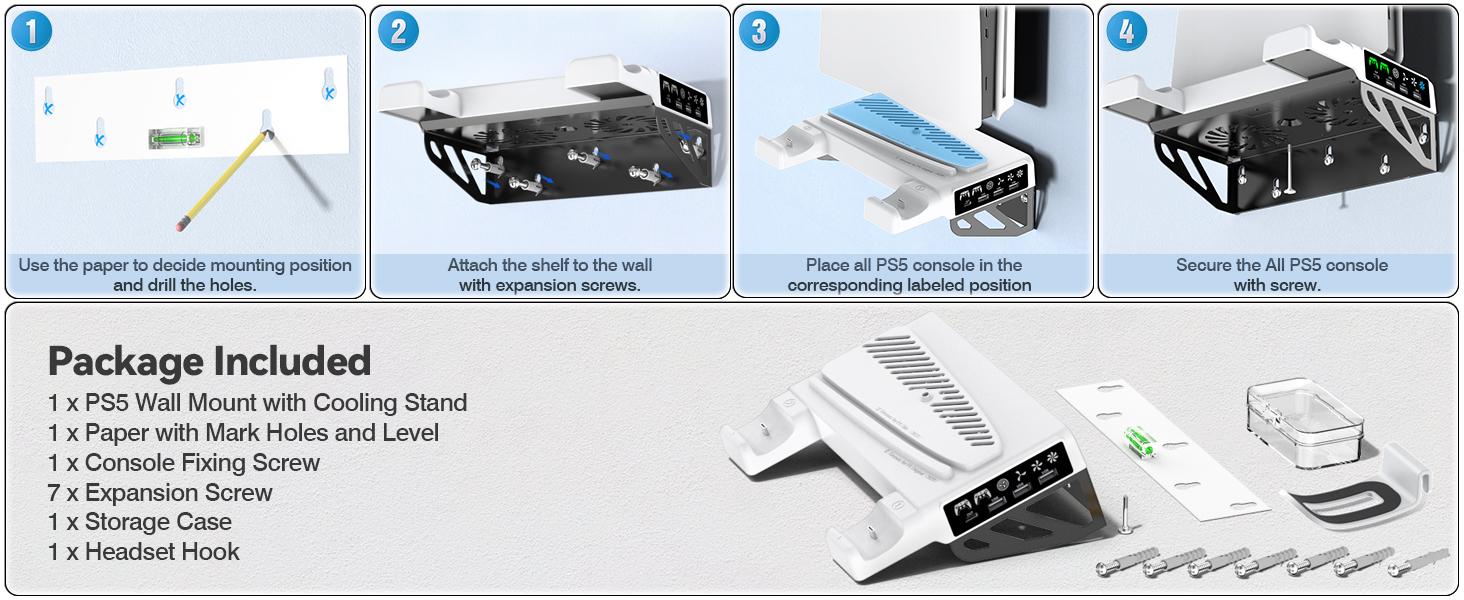 BASIC SUPPLY PS5/Slim/Pro Wall Mount Kit with Cooling Fan & Charging Station, Charging Dock, PS5 Shelf Floating Mount for All PlayStation 5/Slim/Pro Disc & Digital Console, PS5 Wall Bracket Behind TV, PS5 Pro Accessories