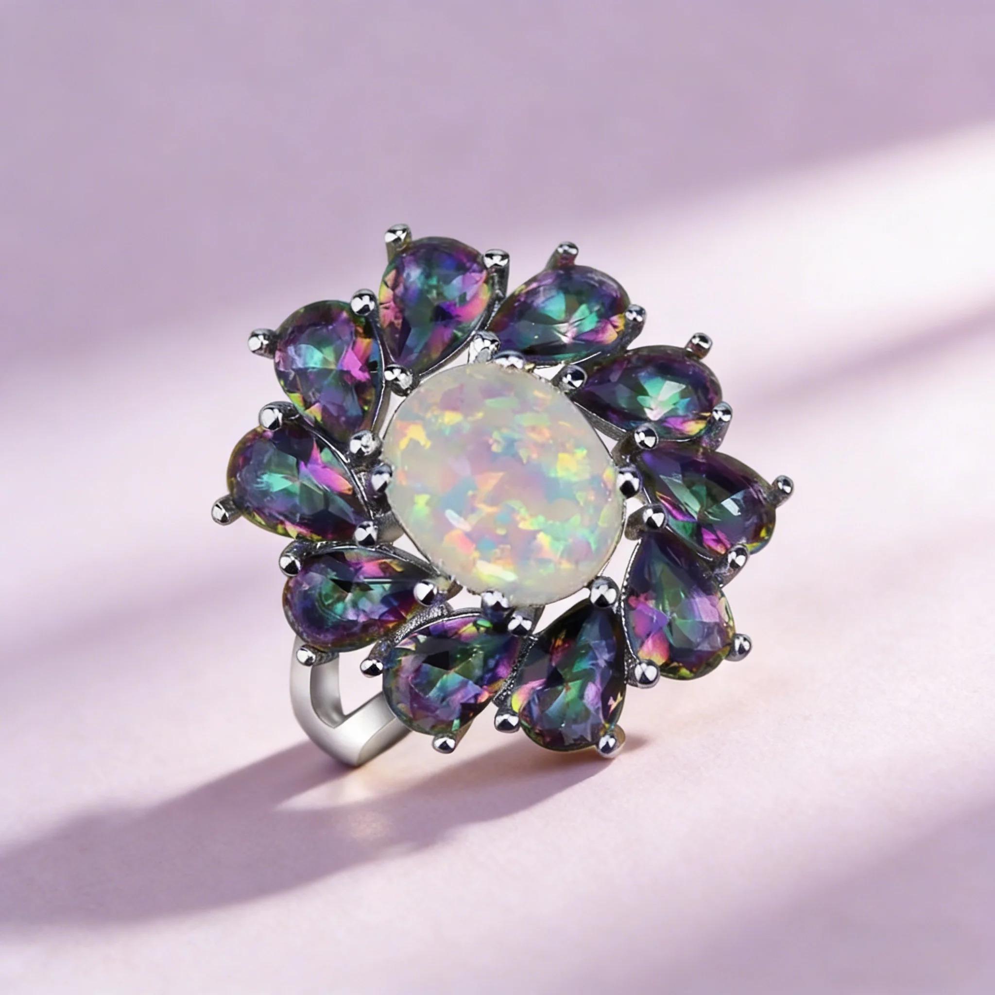 Luxury Floral Rainbow Stone & White Opal Birthstone Rings For Women Fashion Vintage Jewelry Christmas Wedding Gift for Lovers