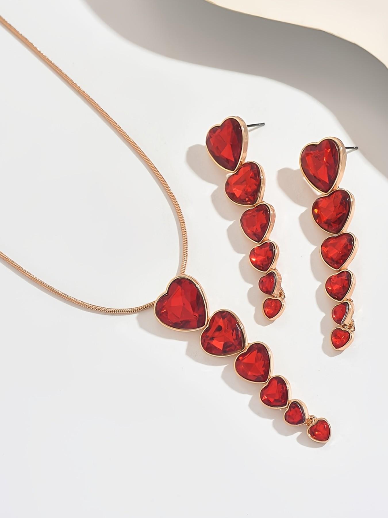 Heart Shape Gradient Long Pendant Necklace Earrings Set, Fashionable and Sexy Jewelry for Women, Perfect Gift for Valentine's Day