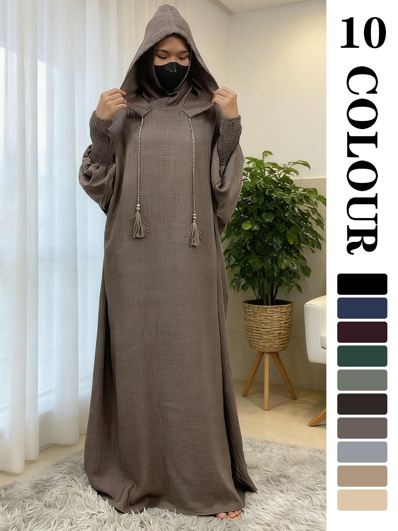 Women's Solid Color Batwing Sleeve Drawstring Hooded Dress, Casual Long Sleeve Shirred Cuff Long Dress for Spring & Fall, Women's Islamic Clothing for Daily Wear