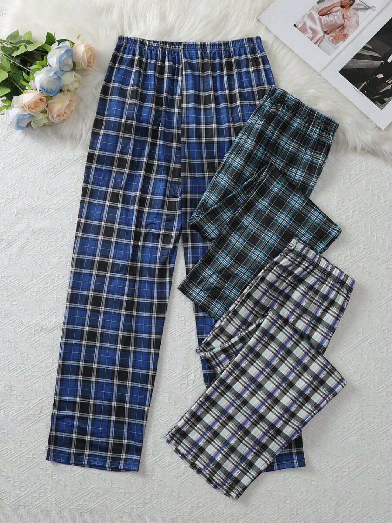 Three-Pack Men's Casual Home Wear Pants, Plaid Print Long Sleepwear, Comfortable for Spring & Fall, Ideal for Gifting