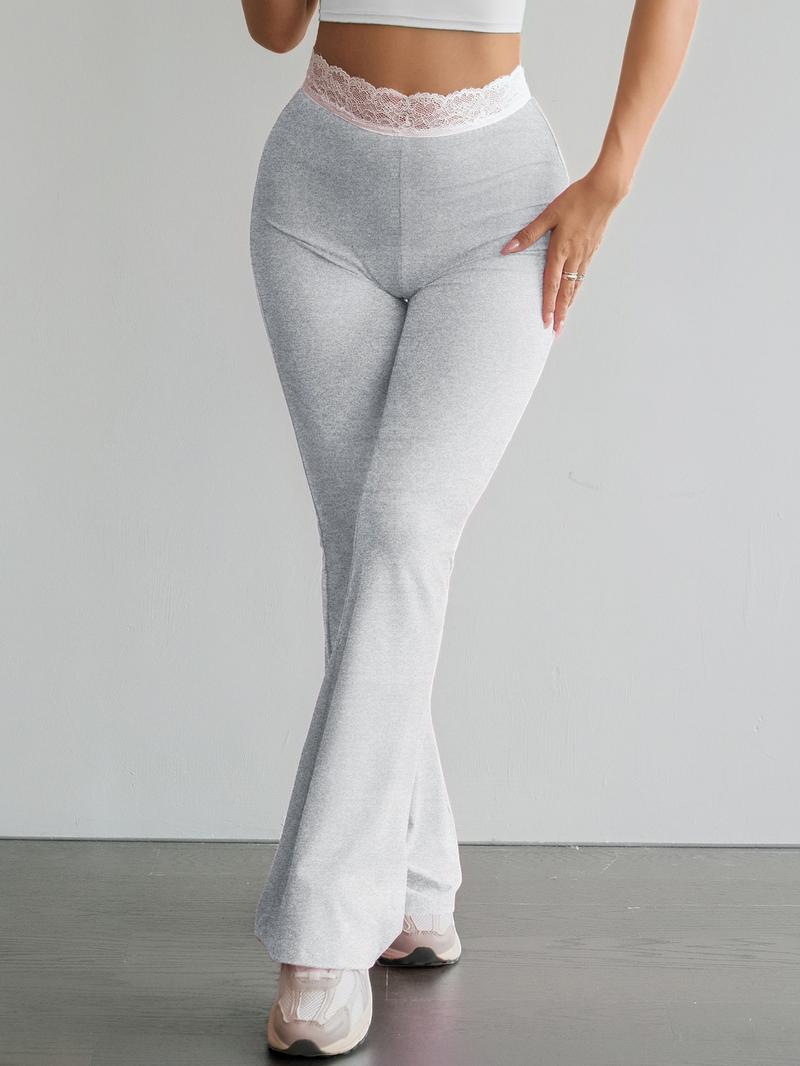 Women's Lace Trim Waistband High-Waisted Leggings, Stretchy Tight-Fitting Pants, Athleisure Style Bottoms for Gym Workout Street Outdoor Casual Running Hiking All Seasons