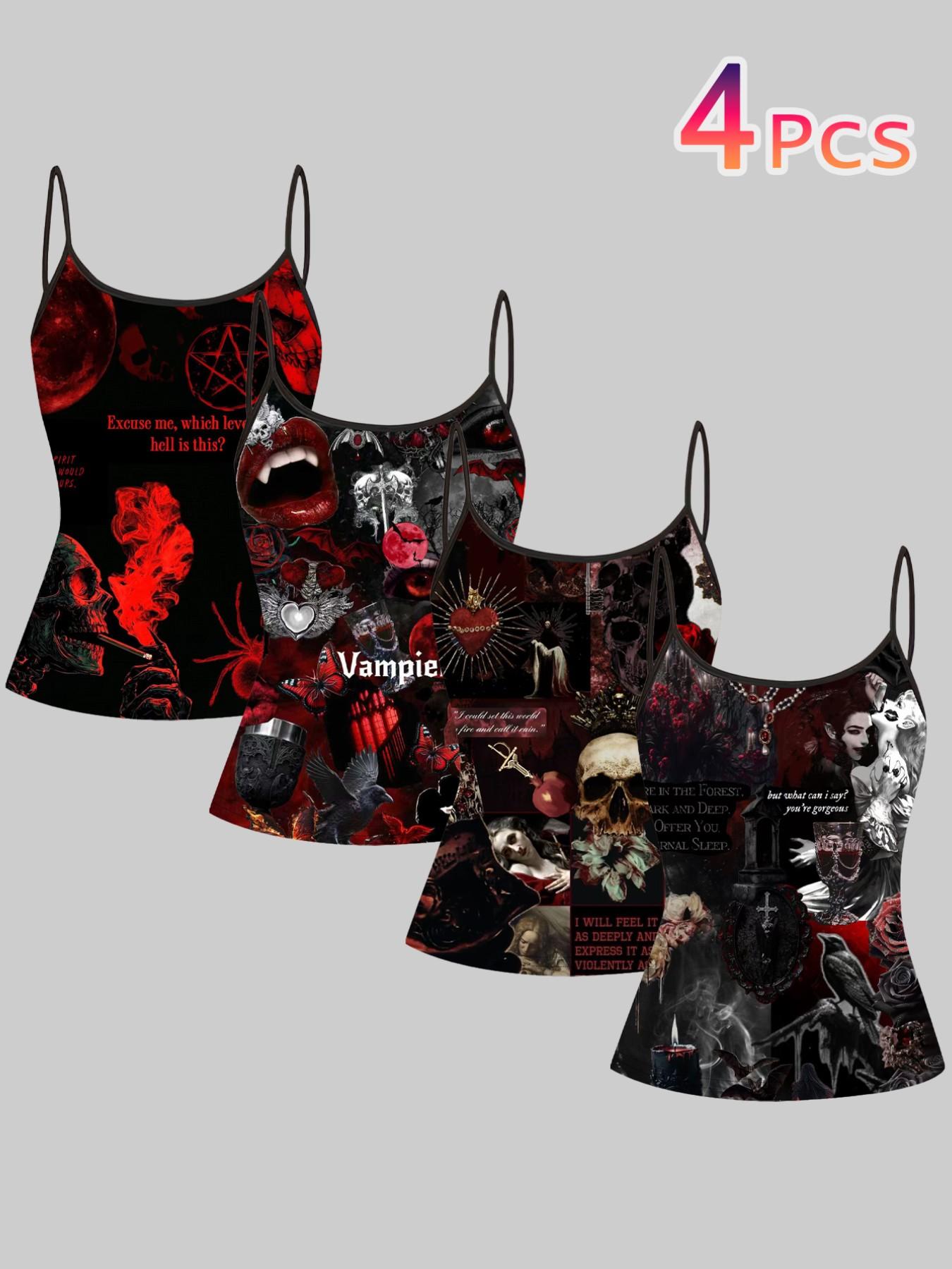 Gothic Dark Vampire Skull Print Straps, Summer Home Sleepwear Outer Wear, Unique Slim-Fit Top Set of Four Pieces