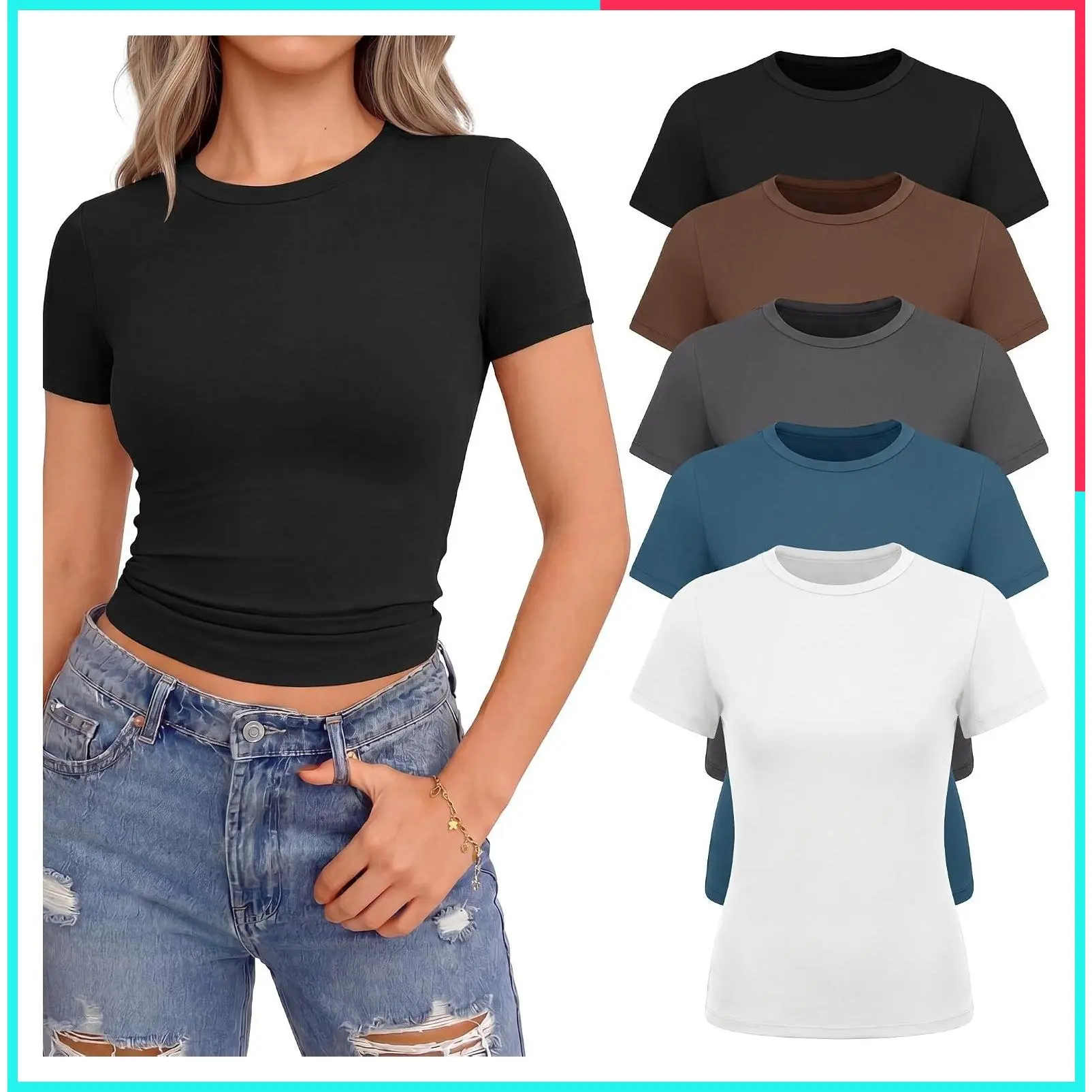 5 Pack Short Sleeve Crop Tops for Women Fitted Basic Tees Crew Neck Plain Tight T-Shirts Cute Y2K Trendy Summer Outfits Comfortable Casual Workout Compression Going Out Solid