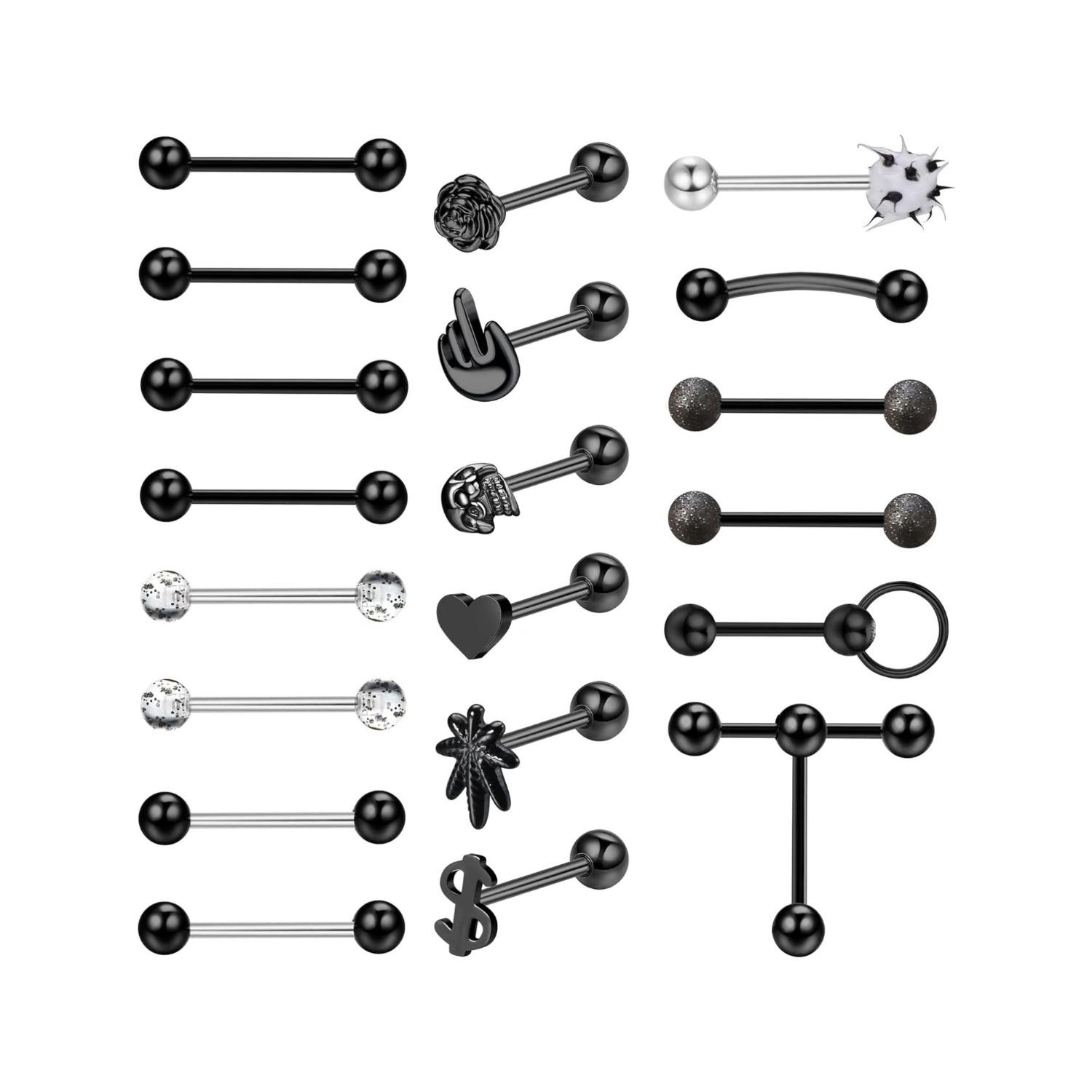 20Pcs 14G Tongue Rings for Women Men 316L Stainless Steel Skull Heart Tongue Piercing Jewelry