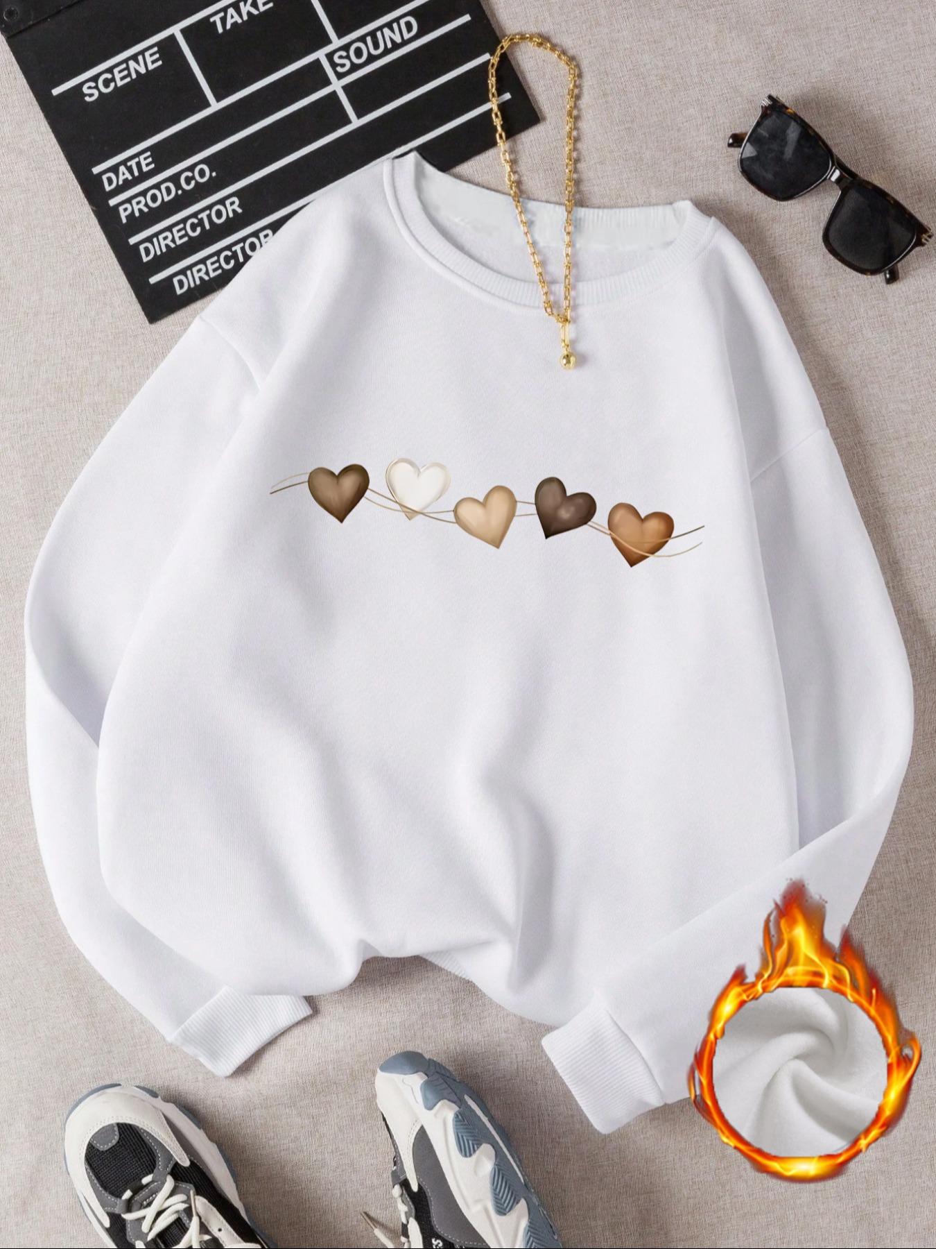 Women's Heart Pattern Print Casual Long Sleeve Hoodie, Round Neck Sporty Sweatshirt, Pullover, Fall & Winter Fitted Design, Versatile Fashion