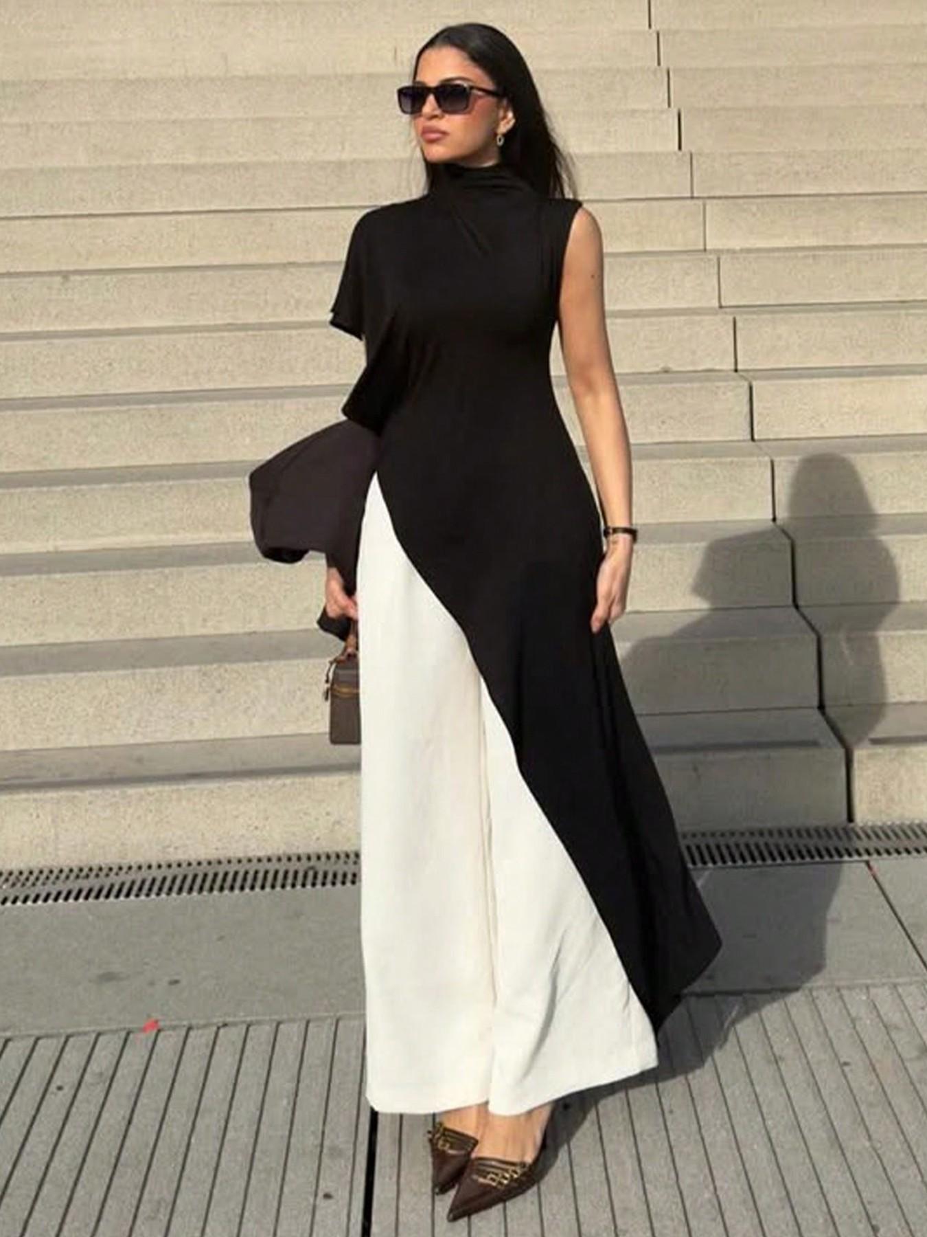 Women's Summer Minimalist High Street Half-Neck Asymmetric Sleeve Long Coat, Irregular High Split Hem, Comfortable Fabric, Versatile